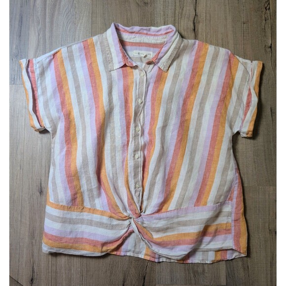 Loft Lou & Grey Size L Blouse 100% Linen Striped Button Up Twist Front Boho Chic - Picture 9 of 10